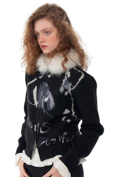 High-end Lazy Fur Collar Zipper Black Sweater Jacket ZIZ0194