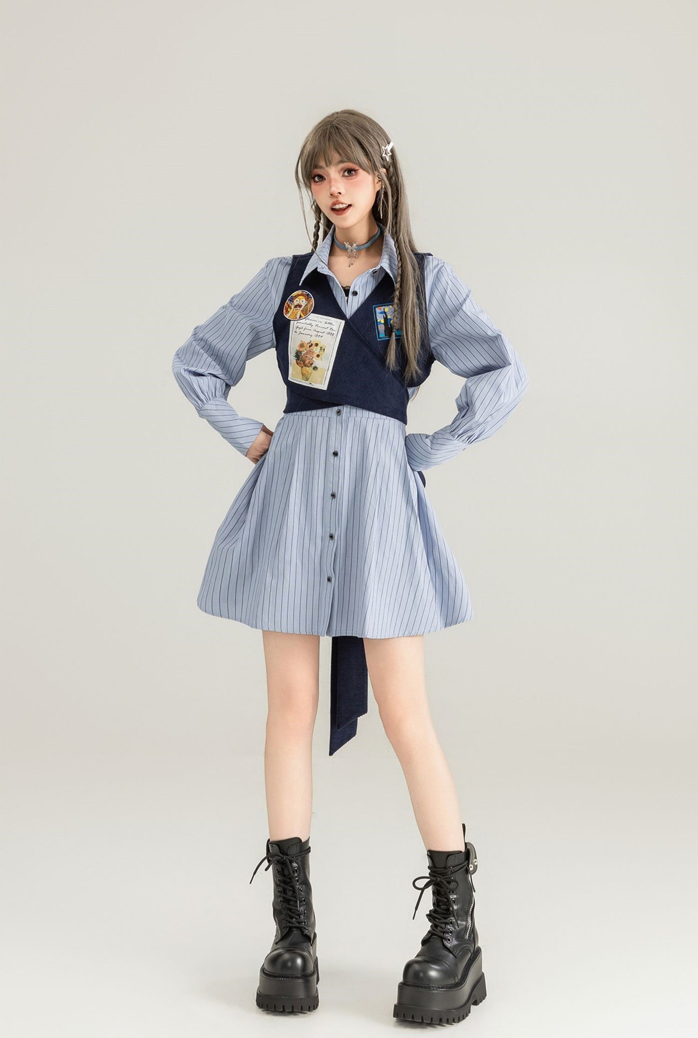 American College Fake Two-piece Striped Shirt Dress KEI0045