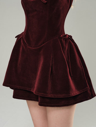 Burgundy Moment Red Velvet Retro Hepburn Style Waist Mini Dress GRO0066