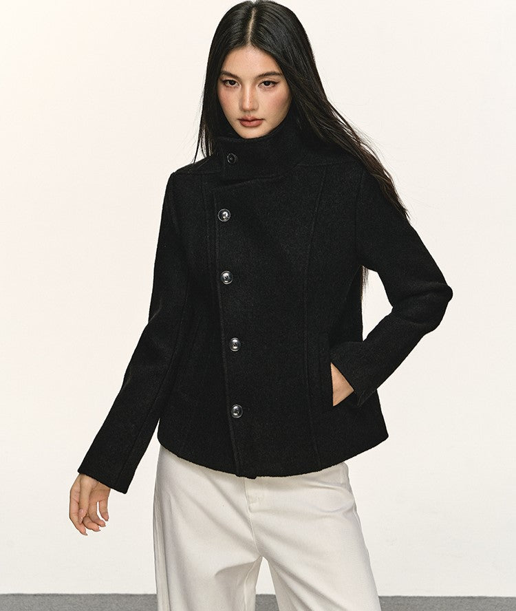Double-Faced Stand Collar Black Short Coat ANA0076