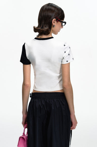 Puppy Print Black And White Asymmetrical Contrast Raglan Short Sleeves T-shirt DPR0048