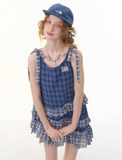 Retro Irregular Hem Blue Plaid Suspender Dress ZIZ0289