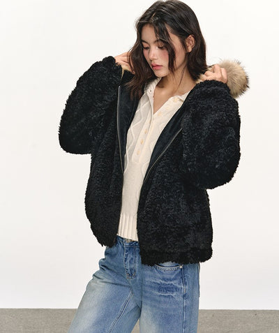 Fur Collar Black Hooded Jacket ANA0108