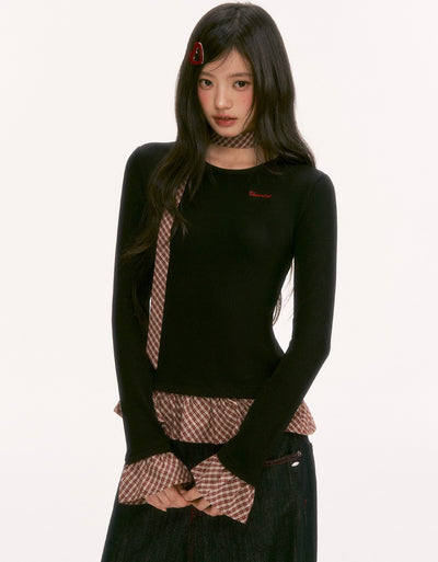 Plaid Tie-Waist Ruffled Long-Sleeved Sweater WEE0133