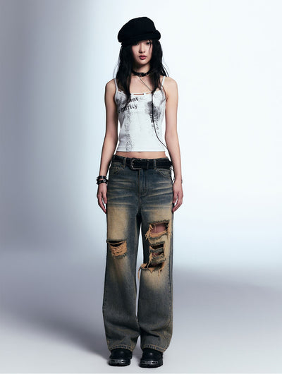 Retro Distressed Ripped Raw Edge Loose Straight Jeans CES0024
