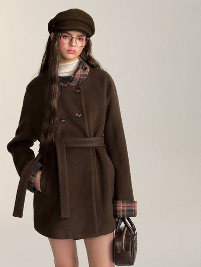 Retro Double-breasted Mid-length Coffee-colored Woolen Coat QDQ0085