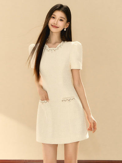 Puff Sleeve A-line Beaded Dress OSH0141