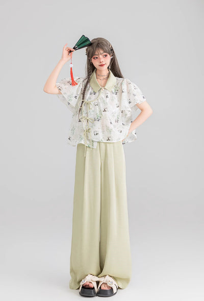 Panda Pattern White Chiffon Shirt/Light Green Pants KEI0049