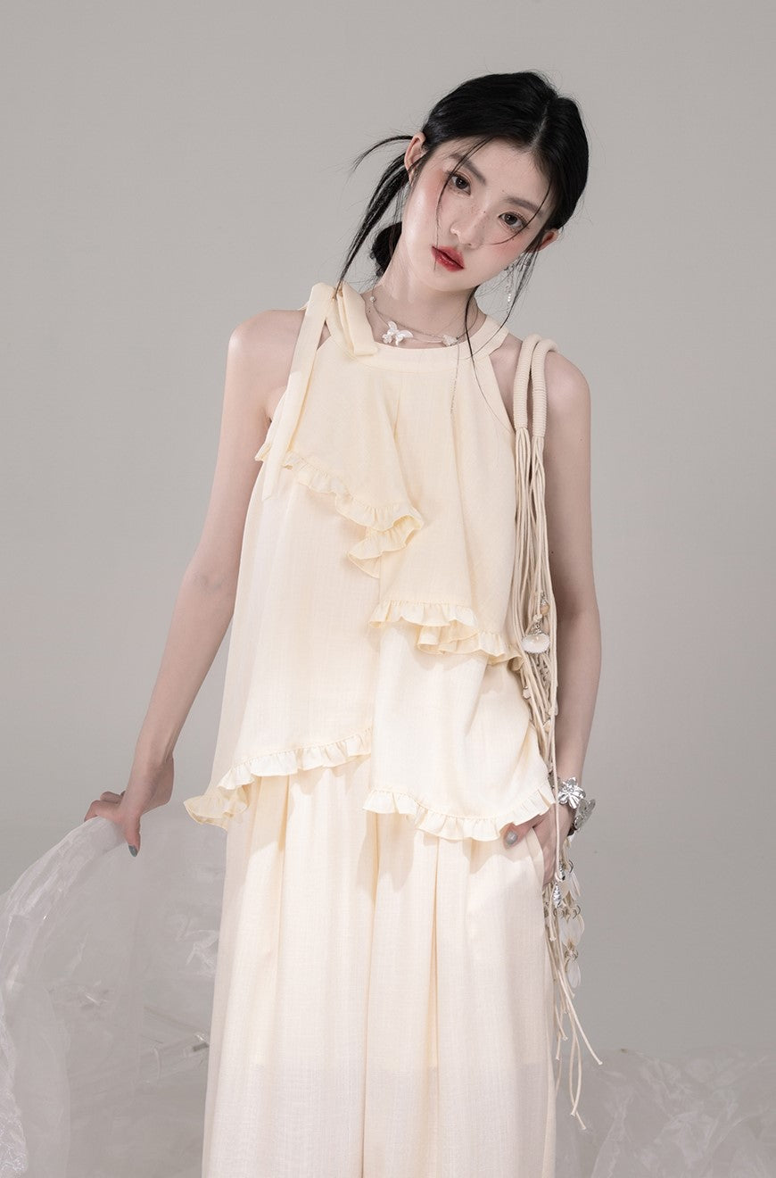 Irregular Halter Neck Ruffled Top/Pants COT0303