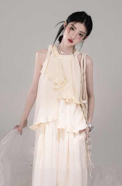 Irregular Halter Neck Ruffled Top/Pants COT0303