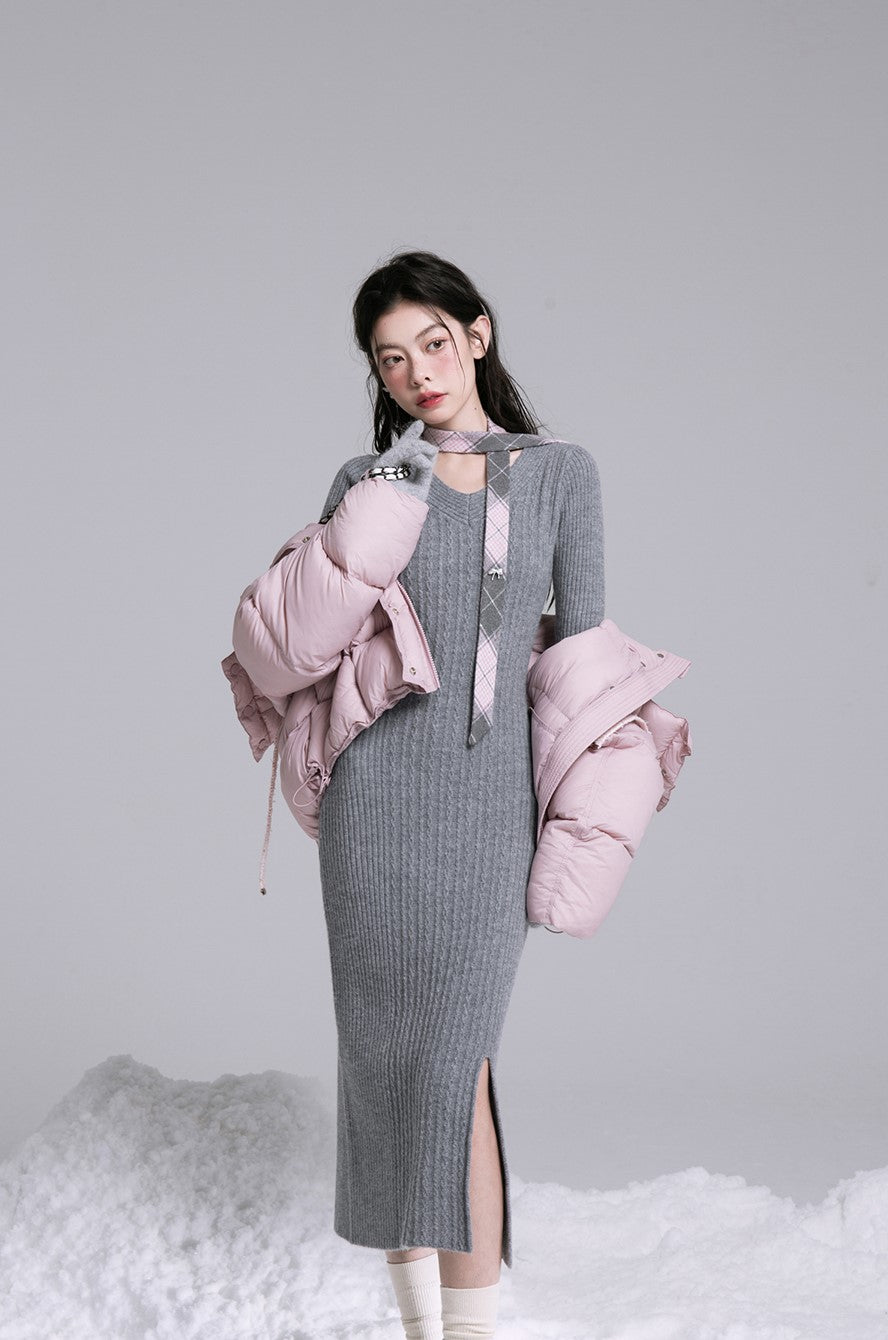 Curve Shaping Gray Pink Ribbon Wool Knit Dress COT0189