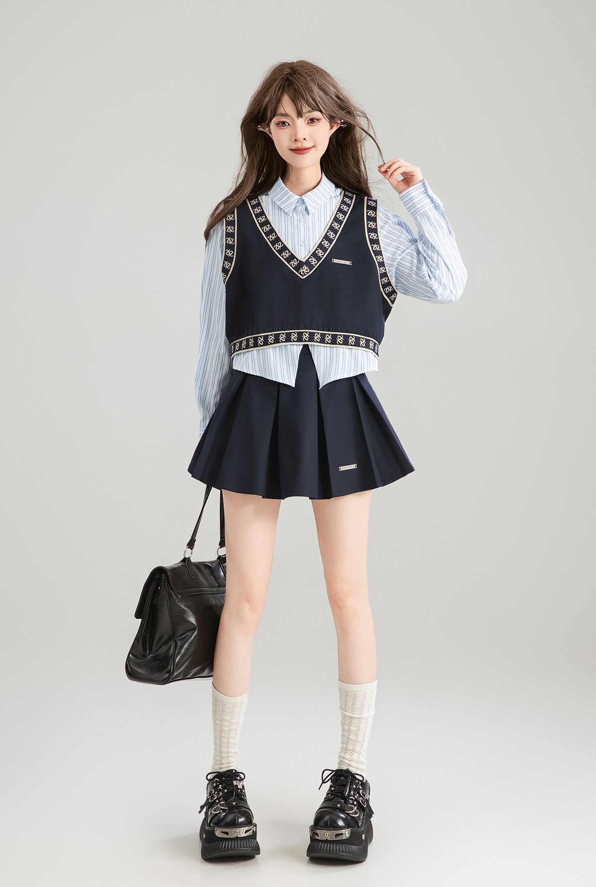 Patchwork Long-sleeved Fake Two-piece Shirt/Skirt KEI0167