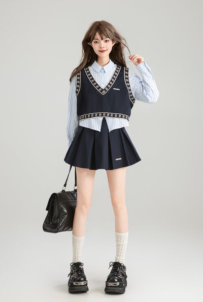 Patchwork Long-sleeved Fake Two-piece Shirt/Skirt KEI0167