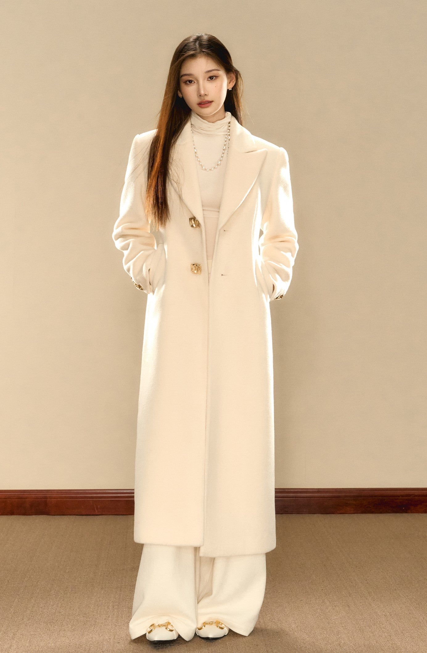 Milky White Simple Waist Long Wool Coat OSH0089