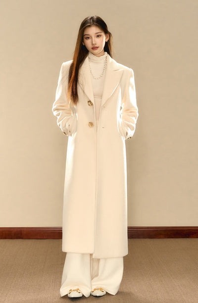 Milky White Simple Waist Long Wool Coat OSH0089