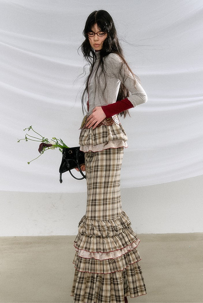 Adjustable Length Fishtail Multi-layer Umbrella Hem Plaid Skirt OFA0208