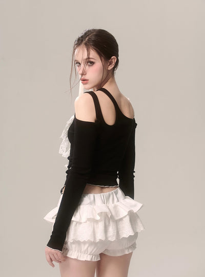 Off Shoulder Lace Fake Two Piece Bow Long Sleeve T-Shirt DIA0074