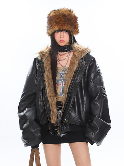 Reversible Fur Hooded Thick Leather Warm Jacket UNC0203