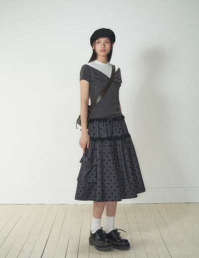 Gray Polka Dot Pocket Midi Skirt SOO0013