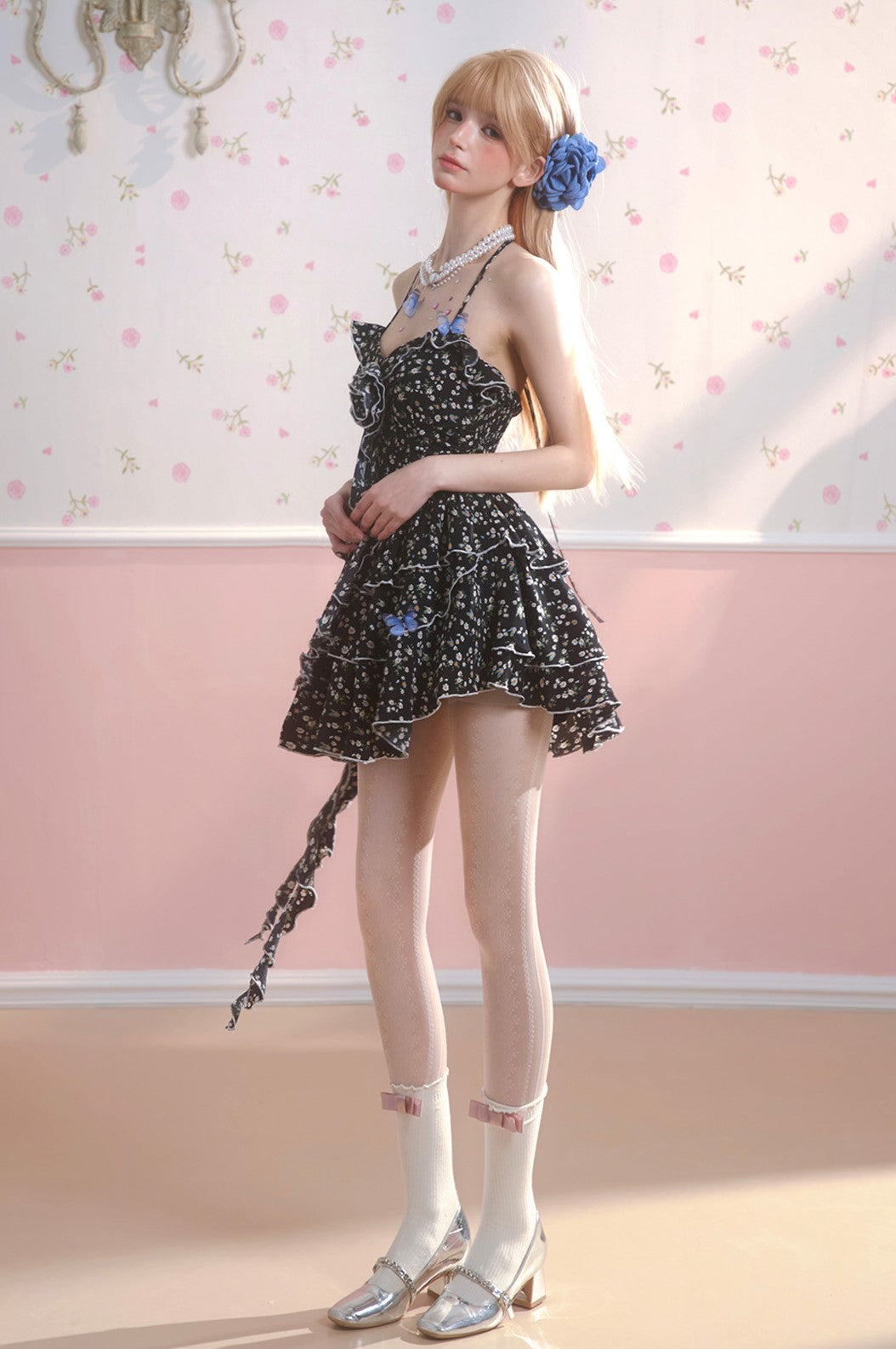 Black Floral A-line Suspender Dress DIA0120