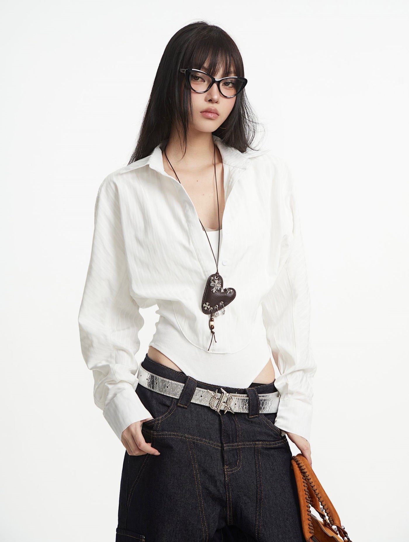White Fake Two-piece Shirt Jumpsuit UNC0293