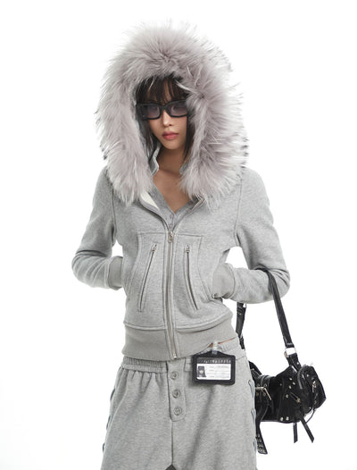 Fur Collar Hooded Sweatshirt Jacket/Pants UNC0326