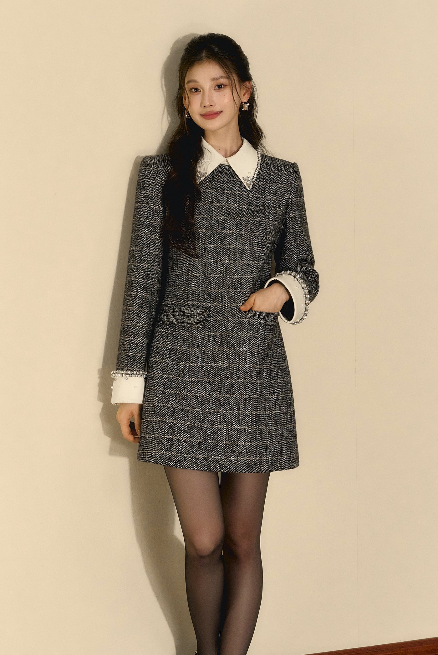 Check Wool Small Fragrance Waist Slim A-line Dress OSH0094