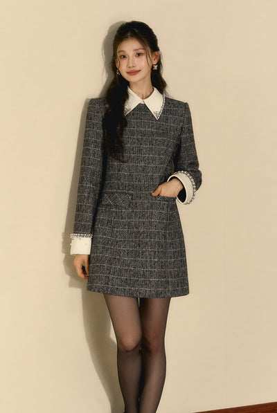 Check Wool Small Fragrance Waist Slim A-line Dress OSH0094