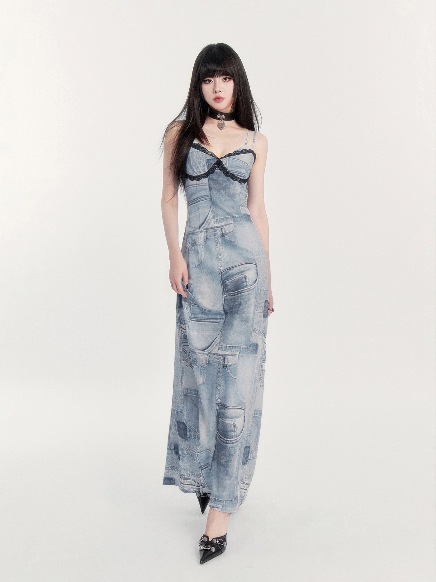 Retro Denim Print Suspender Maxi Dress VOC0410