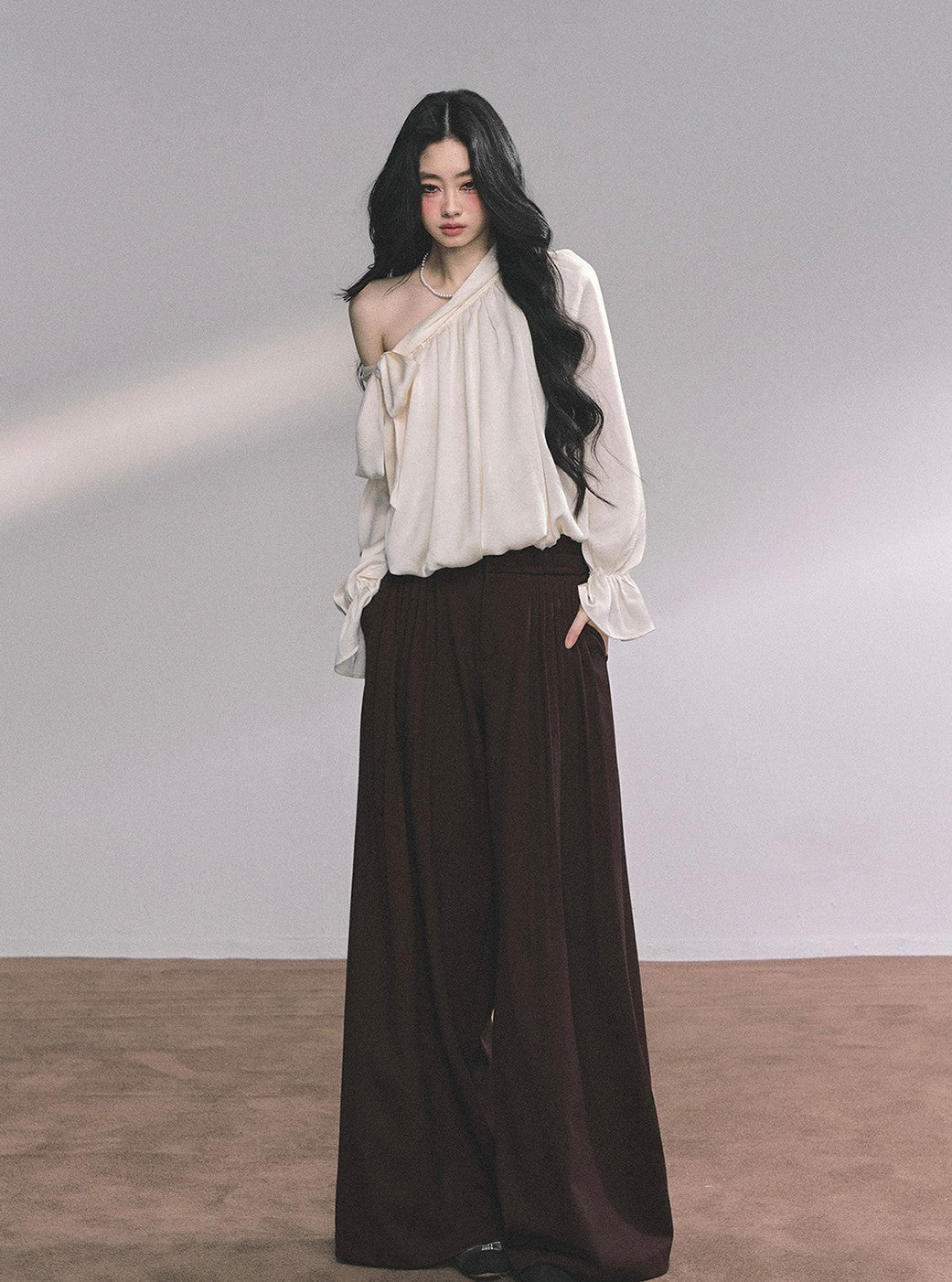 Oblique Shoulder Bow Plaid Shirt DIA0625