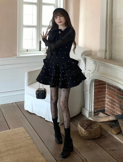 Black Satin Chiffon Long-sleeved Puffy Dress SIS0020