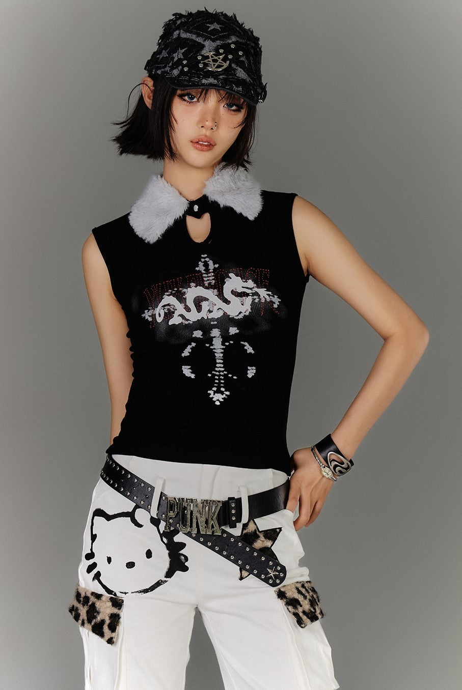 Fur Collar Subculture Sleeveless Top KIN0137