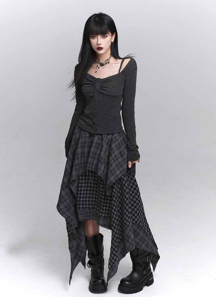 Irregular Hem Plaid Midi Skirt LAD0227