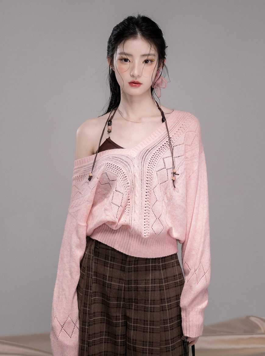 Pink Hollow V-neck Knit+Halter Neck Top COT0345