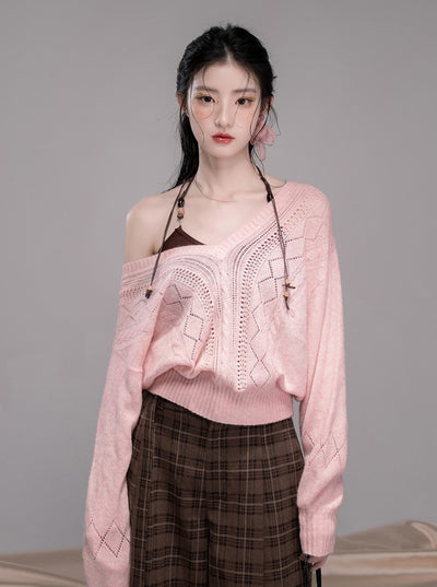 Pink Hollow V-neck Knit+Halter Neck Top COT0345