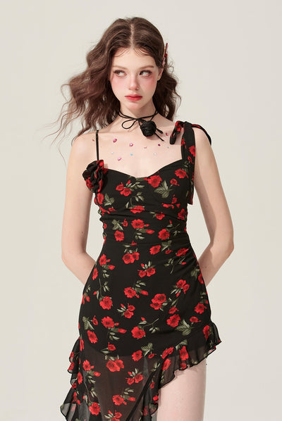 Black Amber Floral Ruffle Irregular Suspender Dress DIA0172