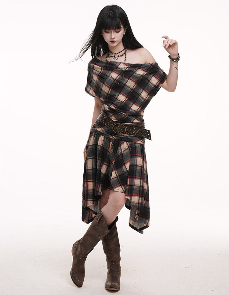 Off-shoulder Plaid Dress LAD0183