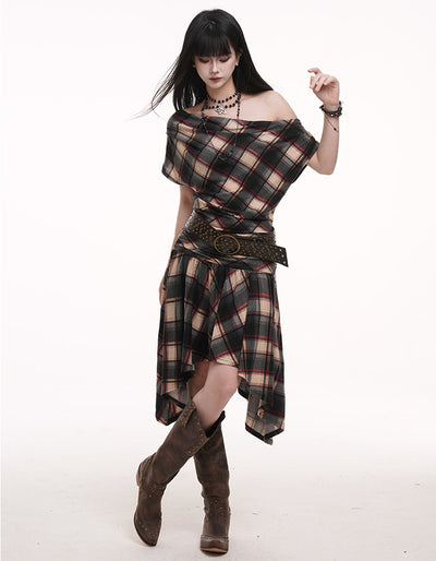 Off-shoulder Plaid Dress LAD0183