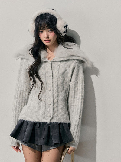 Large Fur Collar Knit Cardigan DIA0733