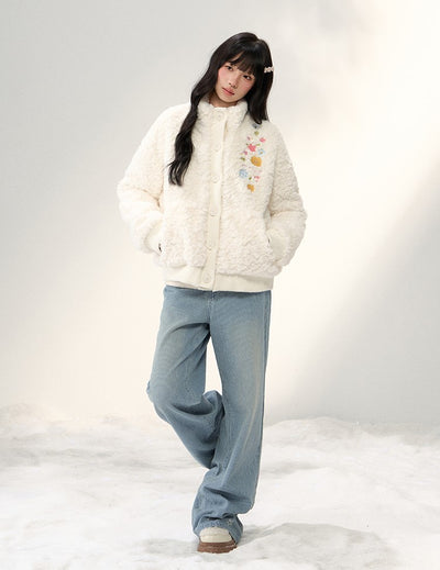 Floral Embroidered Stand Collar Plush Coat NTO0240