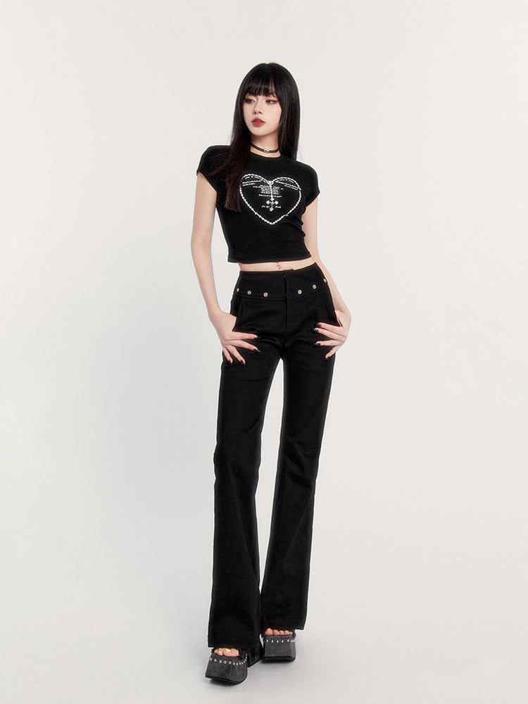 Micro-elastic Dark Rhinestone Heart Printed Short Sleeve T-shirt VOC0238