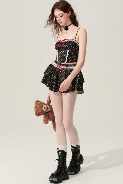 Black Polka Dot Suspender Top/A-line Slimming Short Skirt DIA0171