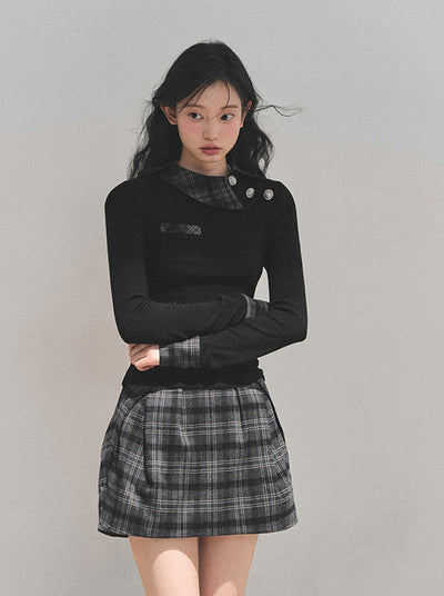 Black Plaid Collar Top/Plaid Short Skirt DIA0757