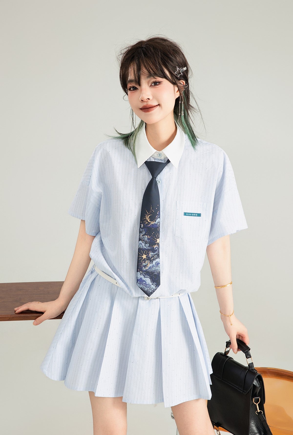 Blue Striped Short-sleeved Pleated Shirt Dress KEI0126