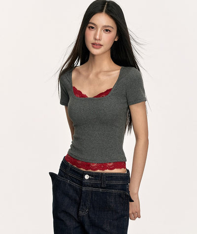 Lace Ribbed Fake Two-piece T-shirt ANA0005