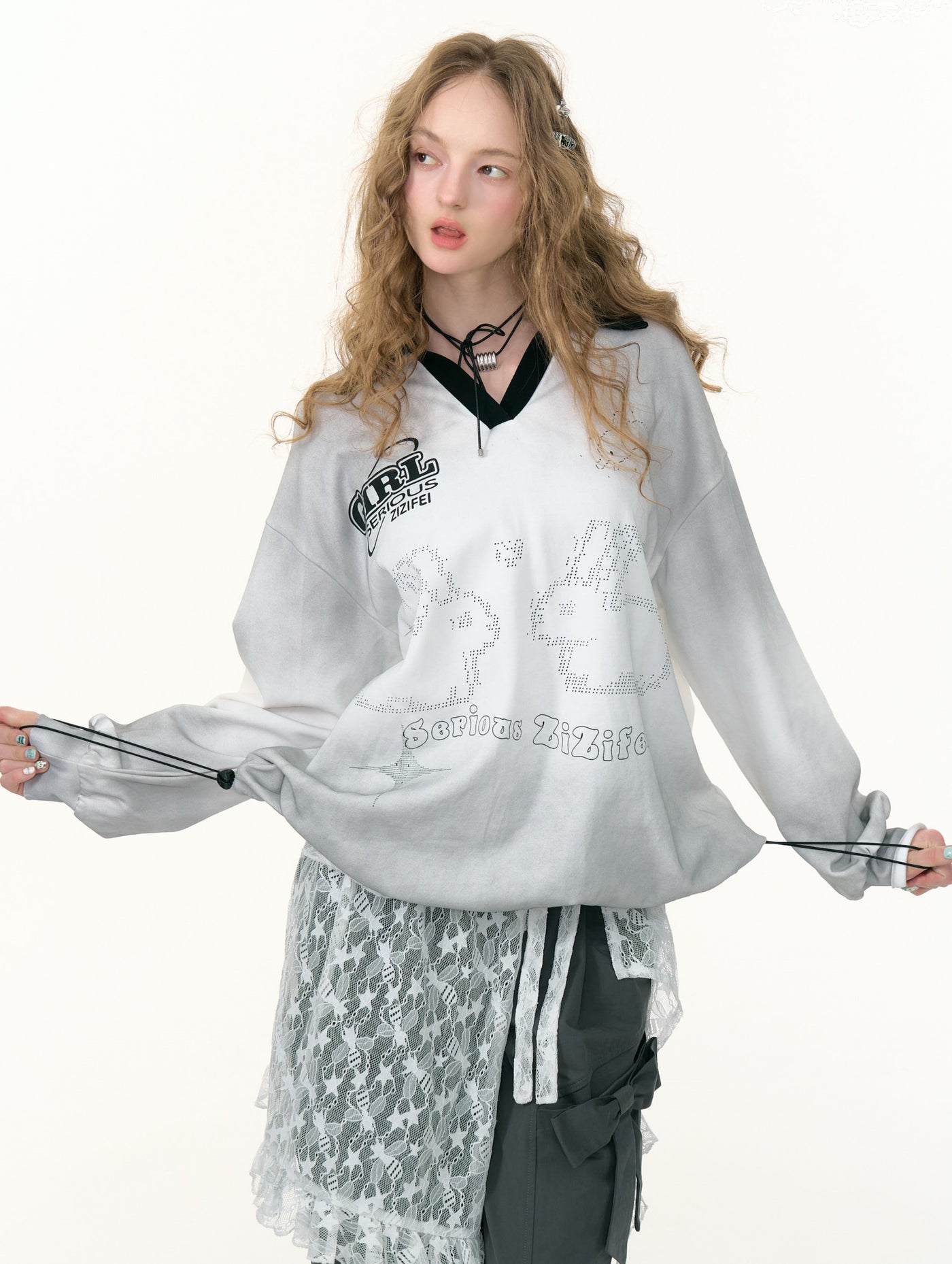 Gradient Rabbit Prints V-neck Sweatshirt ZIZ0305