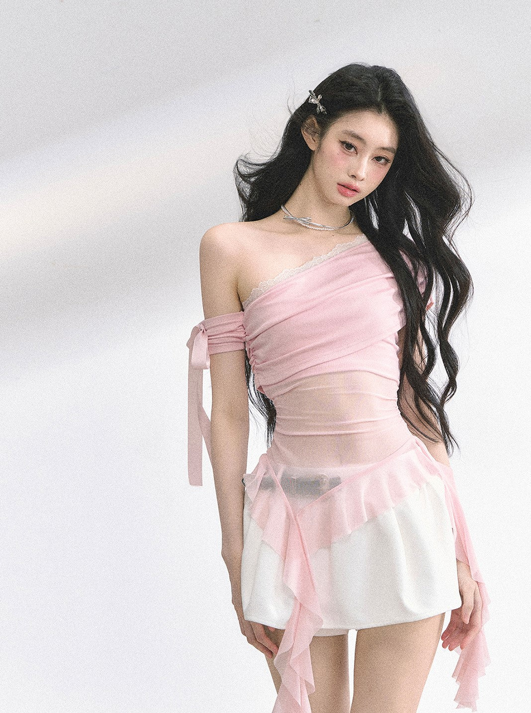 Off-shoulder Transparent Mesh Top DIA0510