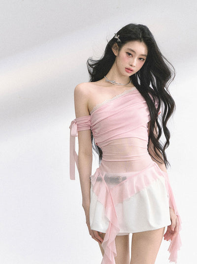 Off-shoulder Transparent Mesh Top DIA0510