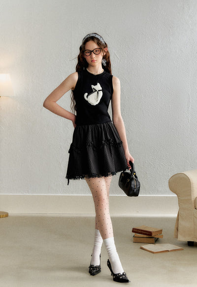 Cat Embroidery Round Neck Knitted Sleeveless Top AYF0048