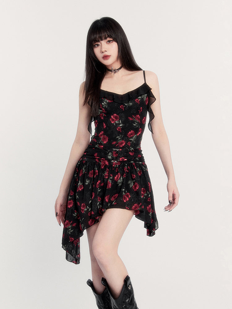 Rose French Black Floral Ribbon Suspender Dress VOC0221